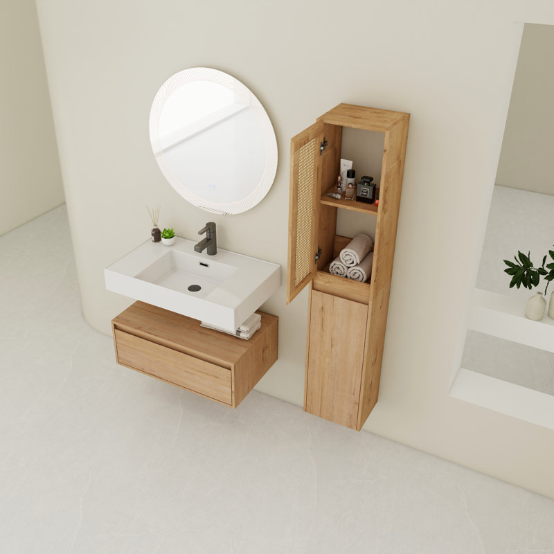Meuble-lavabo mural 30 po avec lavabo en résine et armoire latérale, tiroir à fermeture en douceur (KD-Packing)