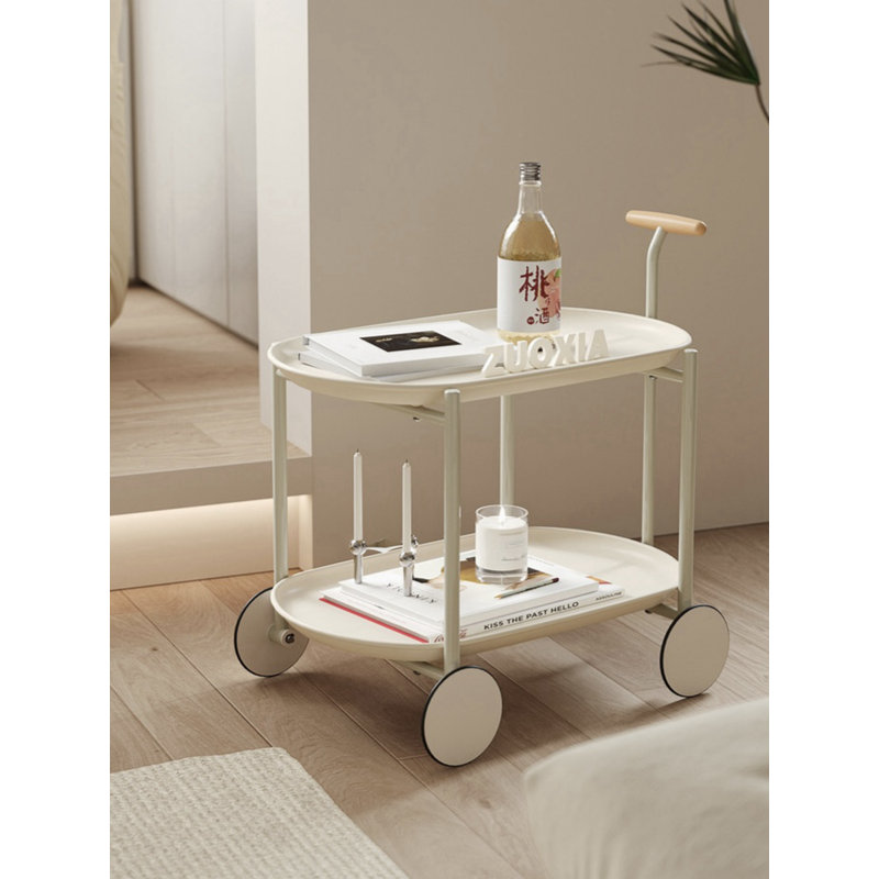 Petite table basse mobile avec chariot de rangement de style minimaliste et poussoir, Crème