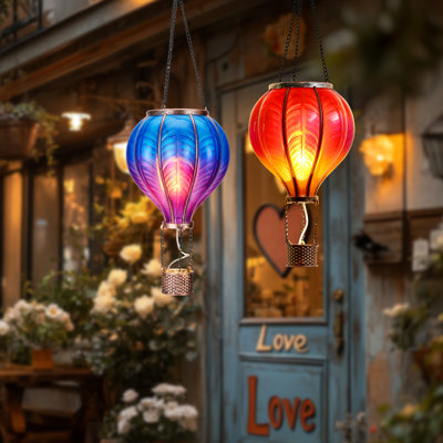  Ensemble de 2 lanternes solaires à montgolfière décoratives pour le jardin extérieur, lanterne solaire suspendue imperméable avec flamme vacillante pour arbre de jardin