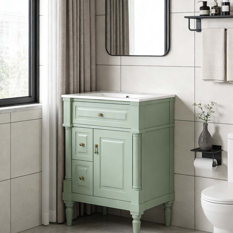 Meuble-lavabo élégant avec lavabo, armoire autoportante et tiroir rabattable Elegant Design, Vert