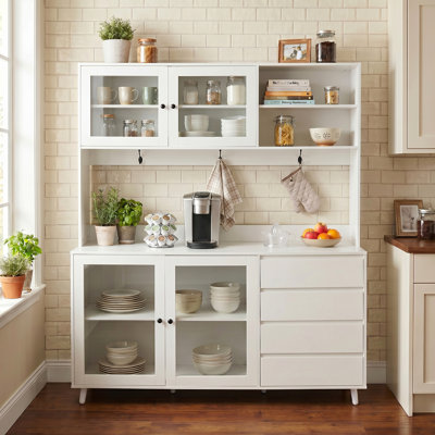 63" W Large Kitchen Hutch Cabinet in White｜Freestanding Pantry Cabinets Storage Kitchen Cupboard ｜ 4 Doors，4 Drawers & Microwave Shelf｜Dust-Proof & Neat Appliance Layout
