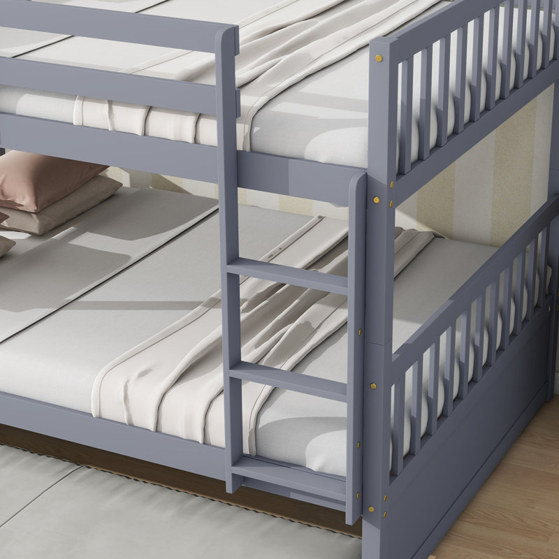 Full Bunk Bed With Trundle & Guardrails, Convertible Design, Gray