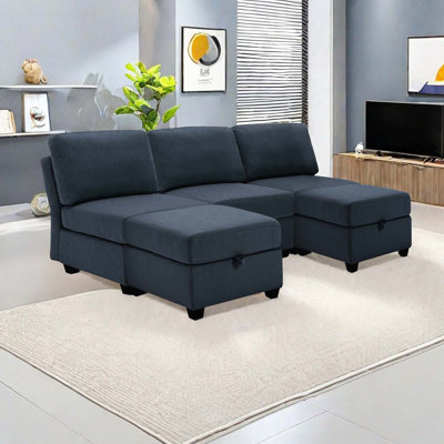 Contemporary Modern Upholstered Fabric Sofa With Storage Seats And Ottomans, 2-seater Couch With Adjustable Backs For Living Room, Blue