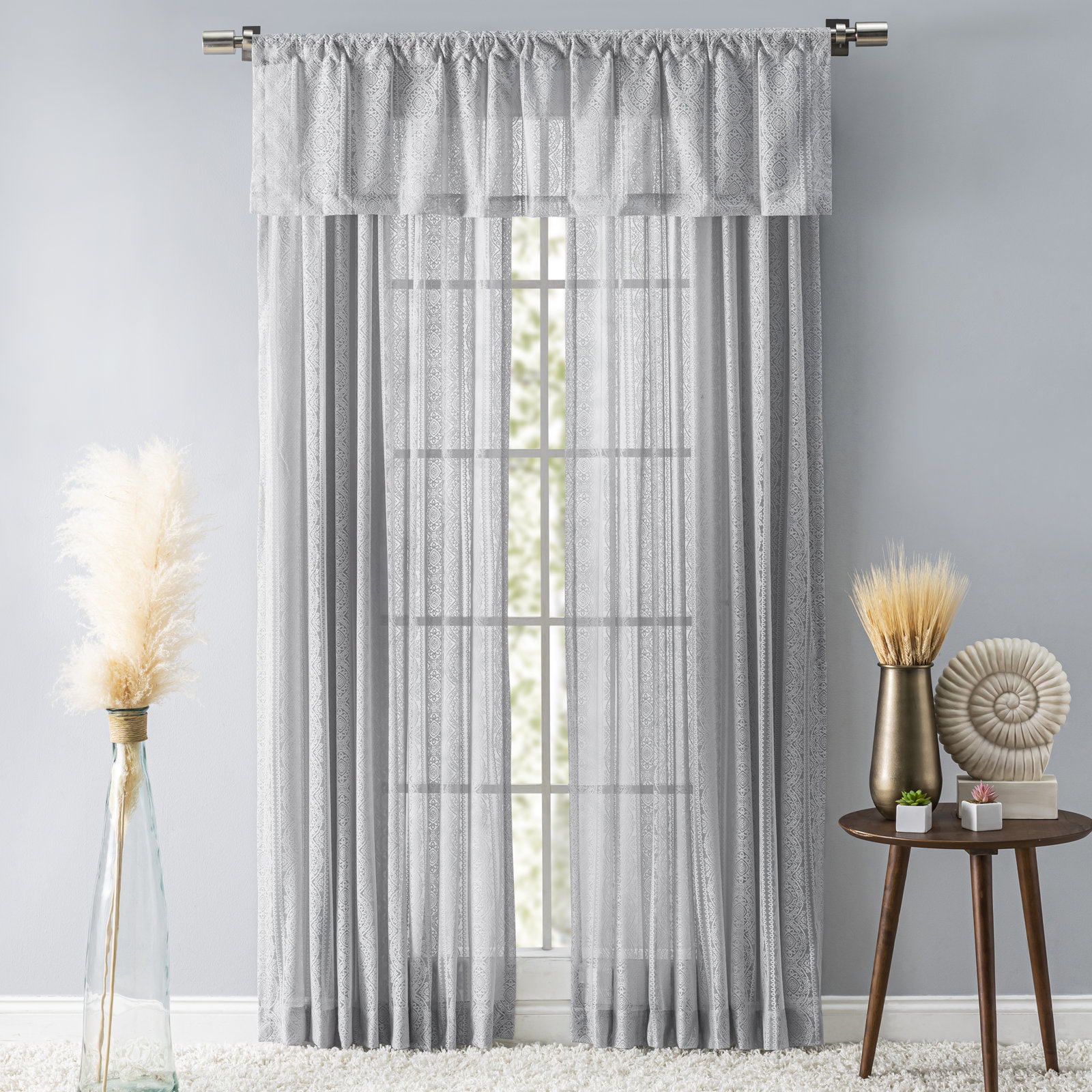 Erial Geometric Lace Semi-Sheer Curtain Panel, White, 54'' W x 63'' L