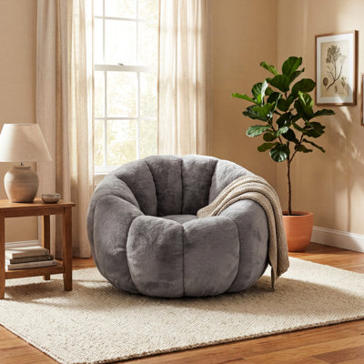 Fauteuil à billes gris pour adulte avec motif floral, fausse fourrure, mousse déchiquetée à haute densité, assise mi-moelleuse, dossier rembourré, accoudoirs roulés, fauteuil simple confortable pour le salon, lecture idéale