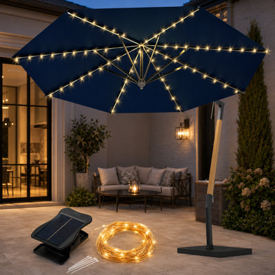 Warm White Waterproof Solar Patio Umbrella Lights with Cordless Solar-Powered LEDs and 8 Lighting Modes for Beach Tents, Camping, Gardens and Party Decorations
