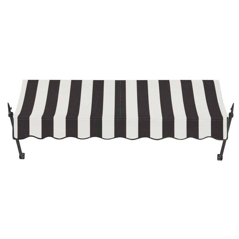 Awntech New Orleans Acrylic Fabric Fixed Awning with Iron Spear Arms, Black/White Stripe, 31" H x 124.5" W x 16" D