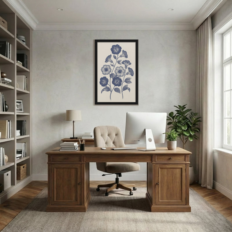 Plantes et fleurs, motif floral bleu sur toile crème