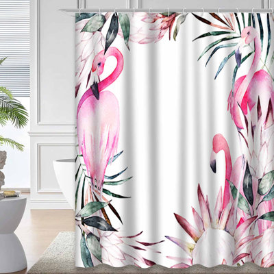 Summer Colorful Flamingo Palm Leaves Flowers Watercolor Drawn Shower Curtain with 12 Hooks