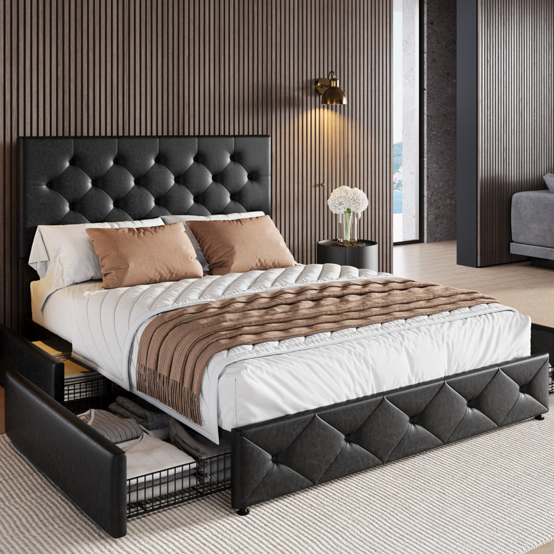 Zelna Upholstered Platform Storage Bed with 4 Drawers and Sleek Button Tufting, Black, Queen
