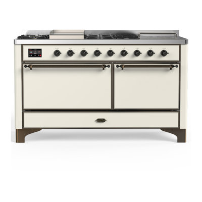 Majestic III Series 60 Inch Dual Fuel Range with 7 Sealed Burners, Griddle, Frenchtop in Antique White (Natural Gas, Burnished Trim)