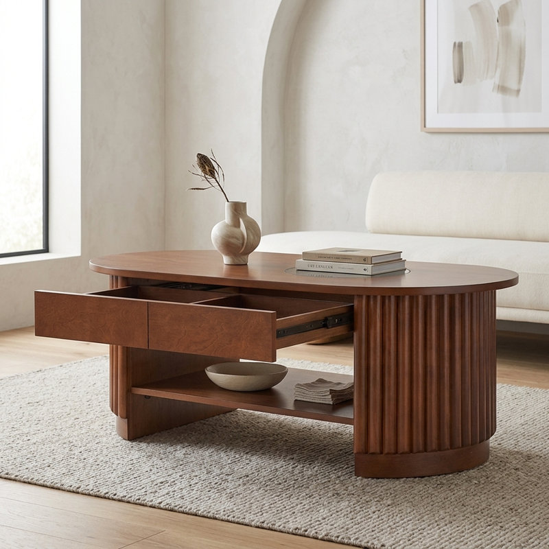 Table basse ovale cannelée de style moderne du milieu du siècle avec tiroirs de rangement, plateau en verre trempé, table basse en bois à 2 niveaux