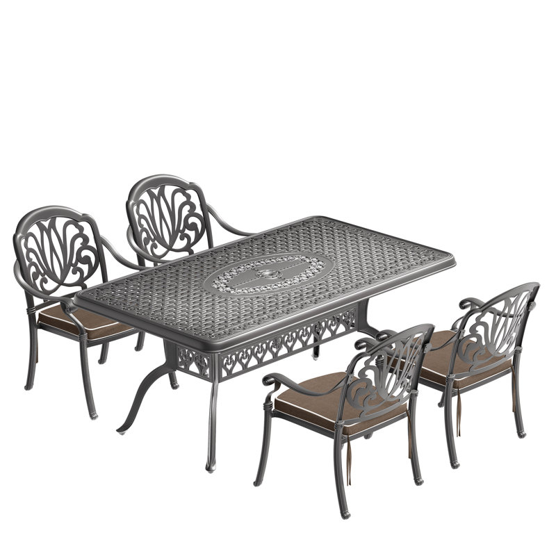 Ensemble de 5 meubles de patio en aluminium coulé avec cadre noir et coussins bruns, rectangulaires