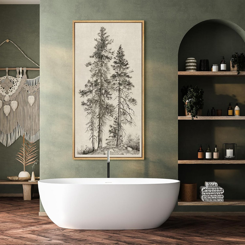 Vintage Pine Tree Drawing Classic Country Rustic Artwork - Extra Large Framed Wall Art Canvas Print, 60" H x 30" W, Natural