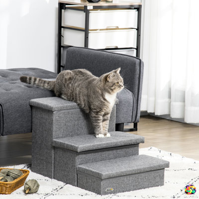 Gray 3 Pet Stairs With Storage. Great For Older And Vulnerable Pets. Strong Construction. Removable Tops Efficient Storage Of Treats. Helps Pets Reach Higher Areas Easily Storage, Gray. Ideal Less