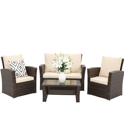Ensemble de conversation de patio 4 pièces toutes saisons avec coussins bruns et table modulaire en verre, coussins en mousse haute densité, parfaits pour se détendre au bord de la piscine