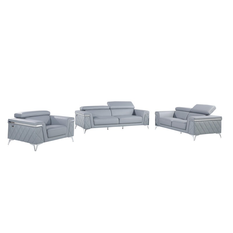 Ensemble de salon 3 pièces en cuir fleur italien, Cuir véritable bleu clair