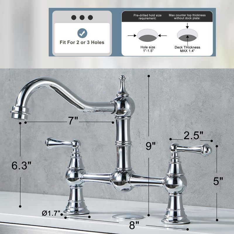 Bridge-Style Kitchen Faucet, 2 Or 3 Hole Bridge Faucet, 2 Handle Kitchen Sink Faucet 360° Rotating Faucet, Chrome
