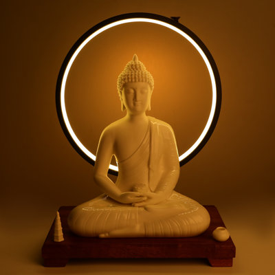 Ceramic Buddha Statue And LED Circle Table Lamp For Home Décor
