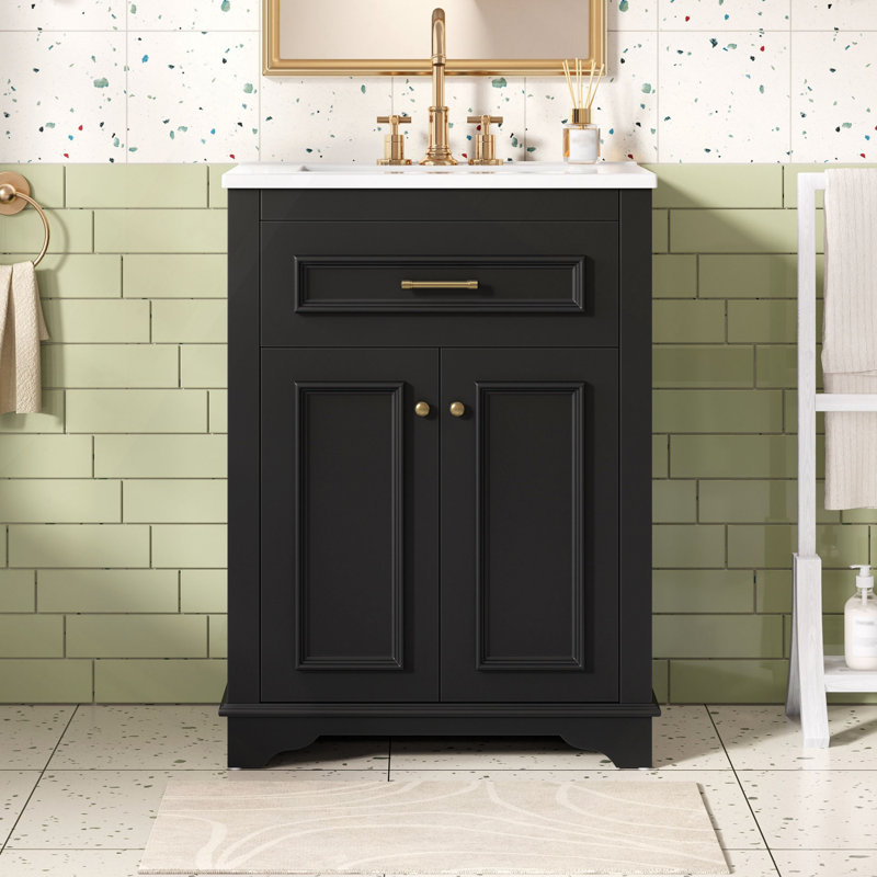 Meuble-lavabo 24 po avec lavabo en céramique intégré, armoire de salle de bain avec 2 portes, 1 tiroir basculant et meuble-lavabo simple pour salle de bain de petite et moyenne taille