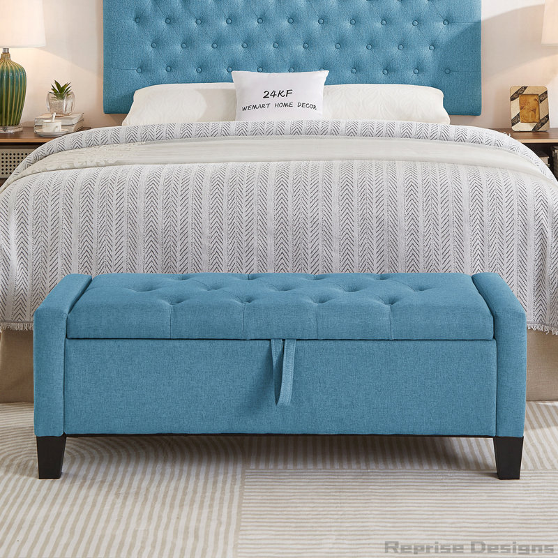 Storage Ottoman Bench with Button Tufting and Solid Wood Frame, Light Blue