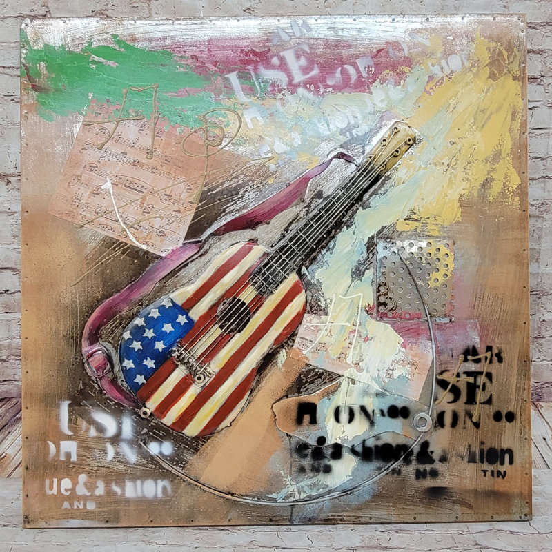 Guitare abstraite colorée avec drapeau américain, peinture à l'huile 3D sur toile en métal