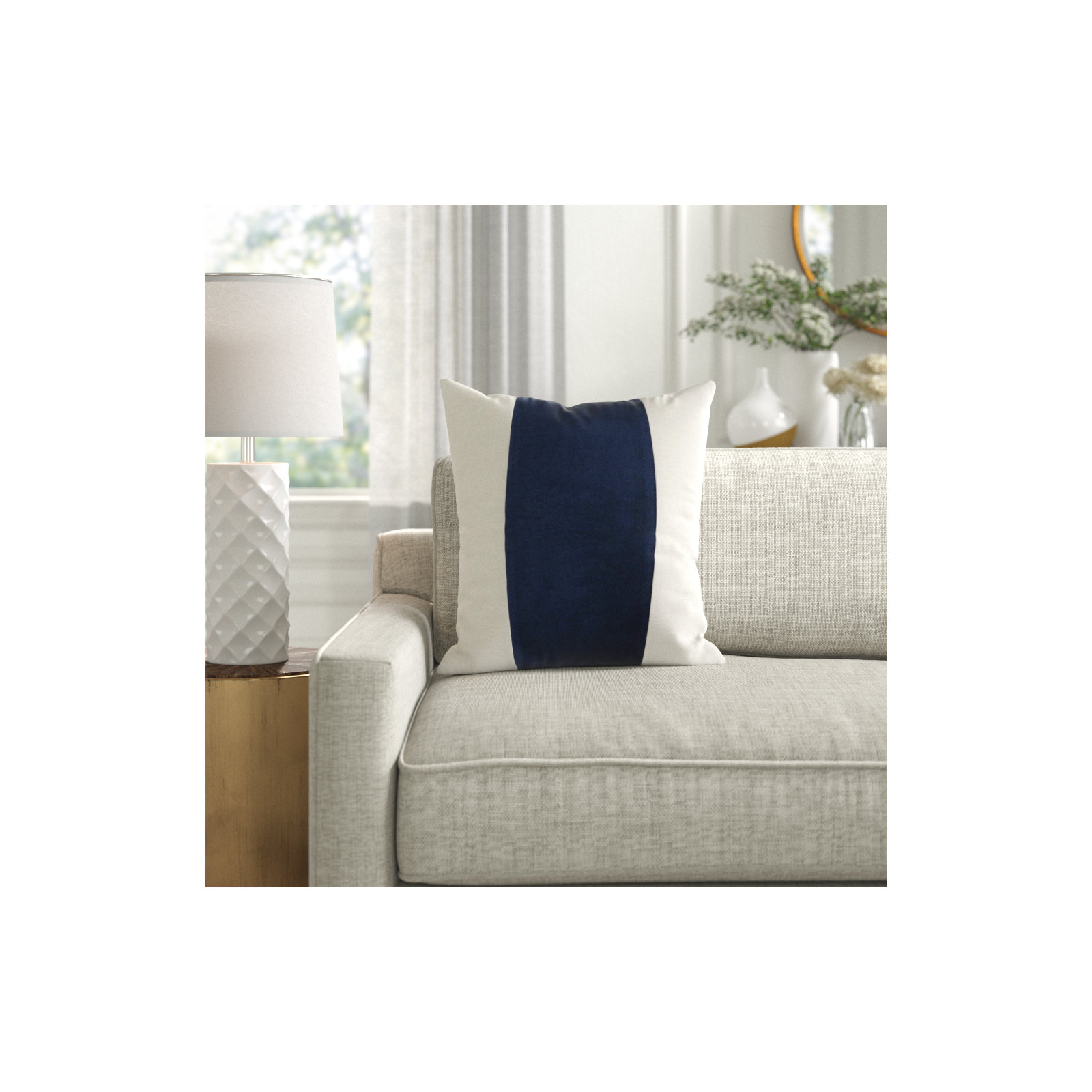 Kat Striped Cotton Throw Pillow, 18" x 18", Navy/Ivory, Down