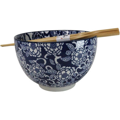 Blue Botanica Floral Blossoms 20Oz Donburi Ramen Soup Bowl With Chopsticks Set