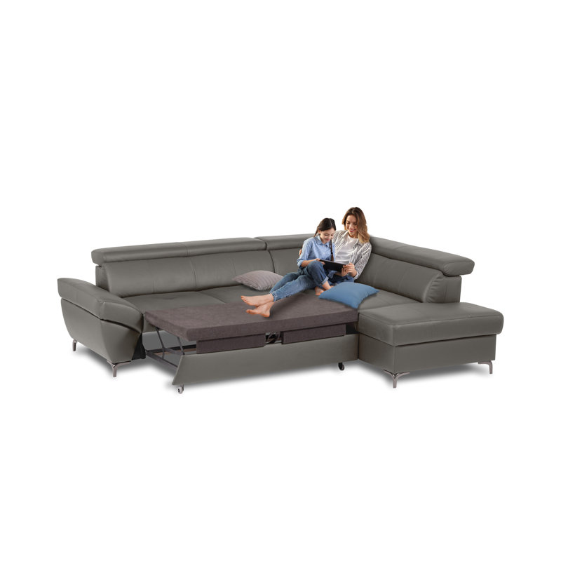 Italian Leather Sleeper Sectional with Pull Out Bed & Storage & Adjustable Headrests Roma, Right Hand Facing