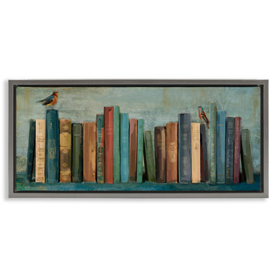 Books And Birds Bookshelf Painting Grey Framed Floater Canvas Wall Art by Main Line Studio