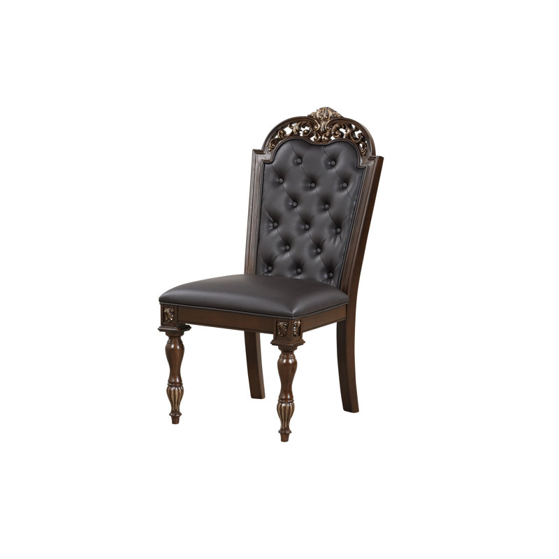 Mitch 21 Inch Tufted Dining Chairs, Carved Details, Faux Leather Seat, Brown