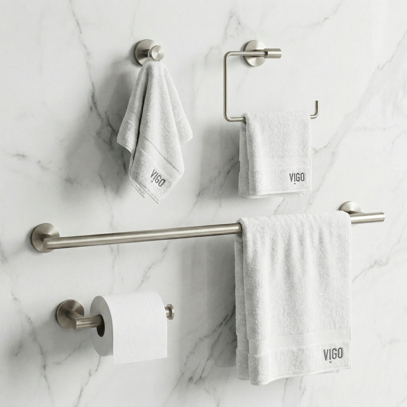 VIGO Elan 4-Piece Brushed Nickel Bathroom Hardware Set with 24-in Towel Bar, Toilet Paper Holder, Hand Towel Holder and Hook