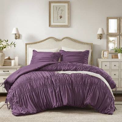 3 pièces, édredon mauve très grand, style romantique, embellissement de cravate, microfibre prélavée, tout douillet, standard 100, mauve lavable à la machine, motif, attaches délicates, confort brossé, standard