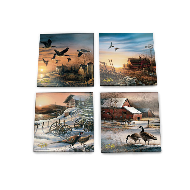 (Symboles) Ensemble de sous-verres en verre Starfire, Ailes sauvages / couchers de soleil et oiseaux