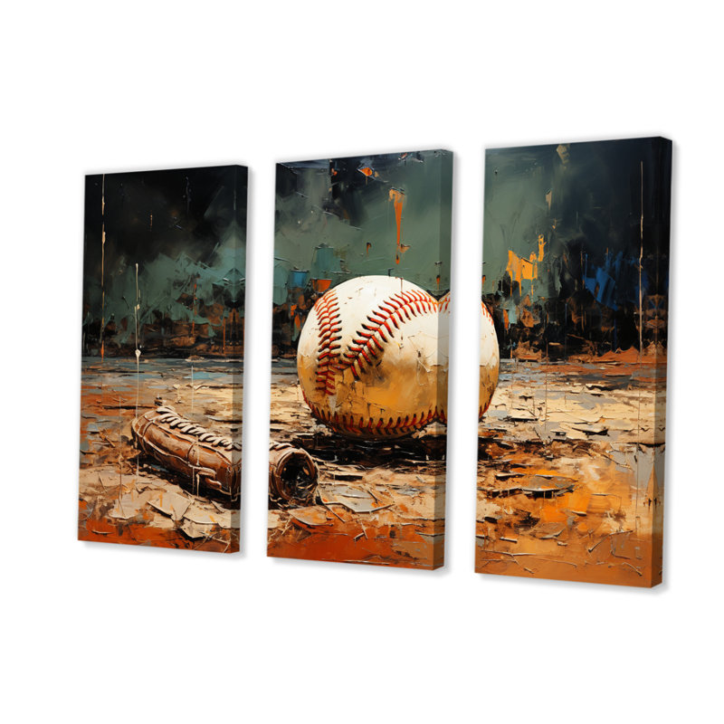 Baseball, collage, gant et balle sur toile, 3 pièces, H 32 po x l 48 po x P 1 po