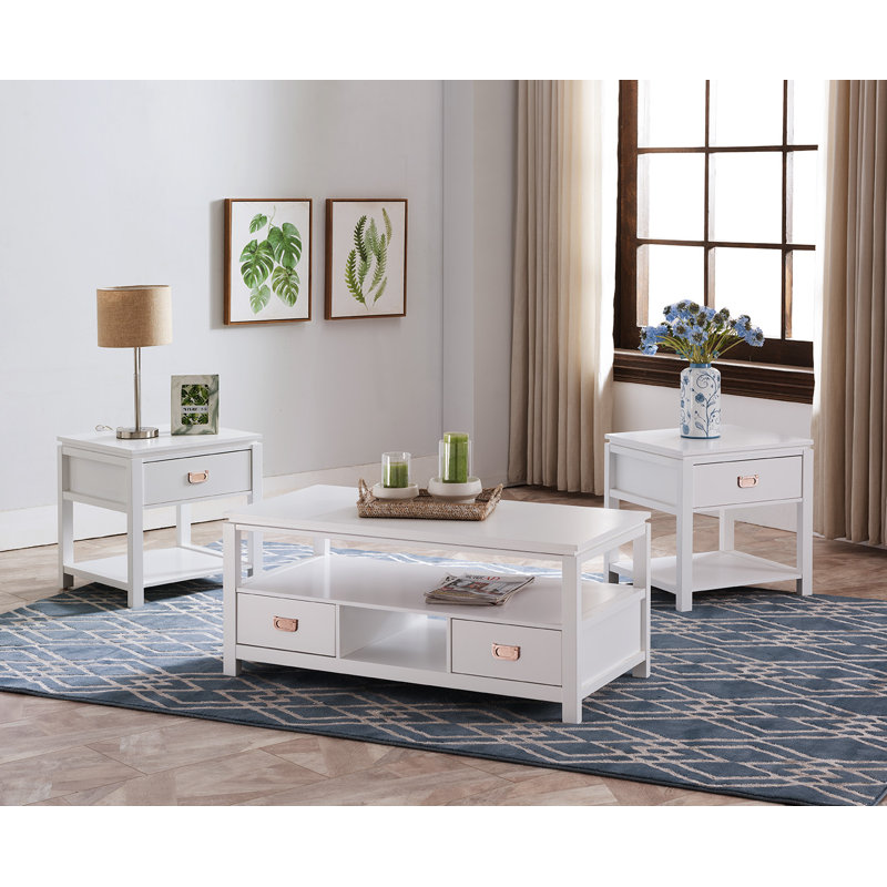 Ensemble de 3 tables d'appoint, tables basses et 2 tables de bout avec rangement en bois blanc Groce, Blanc