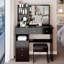 Meuble-lavabo de bureau de 37 po avec tabouret de maquillage à gauche et tabouret rembourré, très grand miroir coulissant à droite, rangement multicouche à grande capacité, ensemble de maquillage pratique à la mode, certificat EPA, GCC, UL