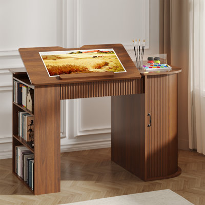 Adjustable Drafting Table with 12 Settings Tiltable Board, Built-in Charging Station (2AC+2USB), 2 Drawers, 3-Tier Shelves, Multifunctional Drawing Desk for Art/Craft/Sewing/Computer