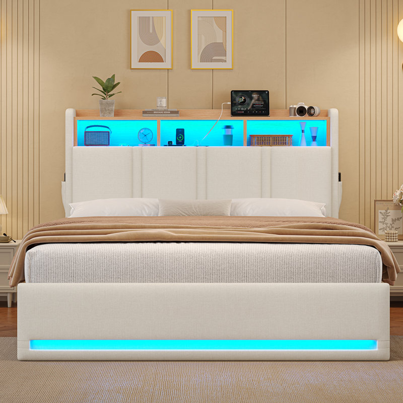 Annalysse 90x190 cm Single Bed with Lift-up Storage, Adjustable LED lights, Charging station, Open shelving, Beige