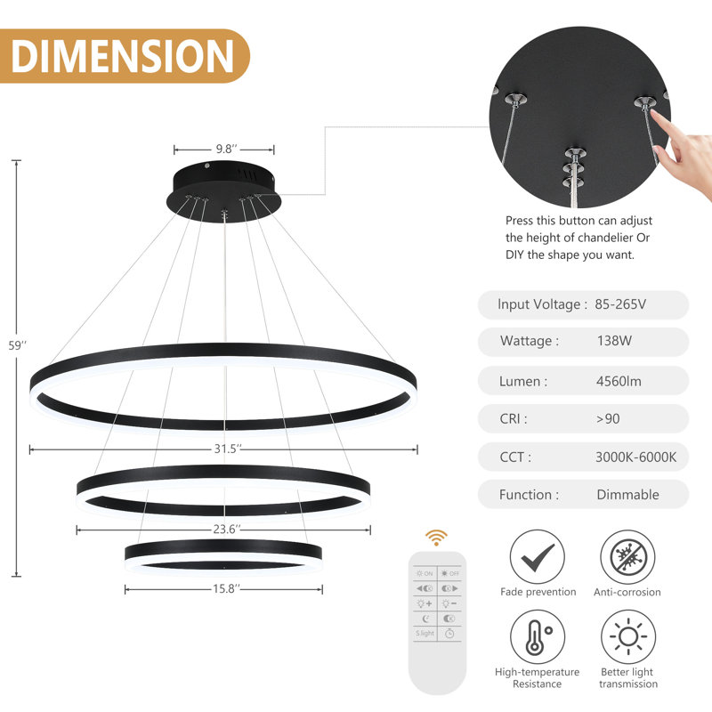 Dado 3 - Light LED Tiered Chandelier, 59" H x 31.5" W x 31.5" D, Black