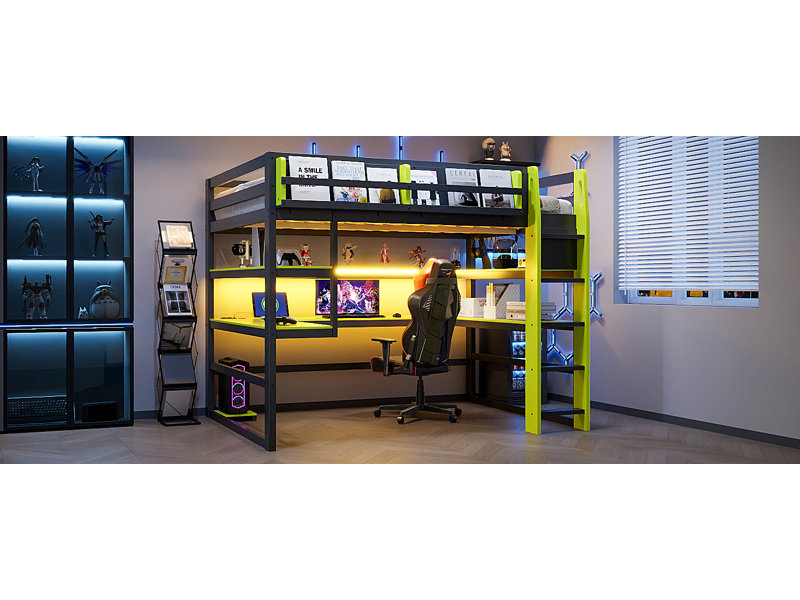 Lit mezzanine double en bois avec bureau, support de rangement latéral, tablettes multiples et lumière RVB, vert, Vert