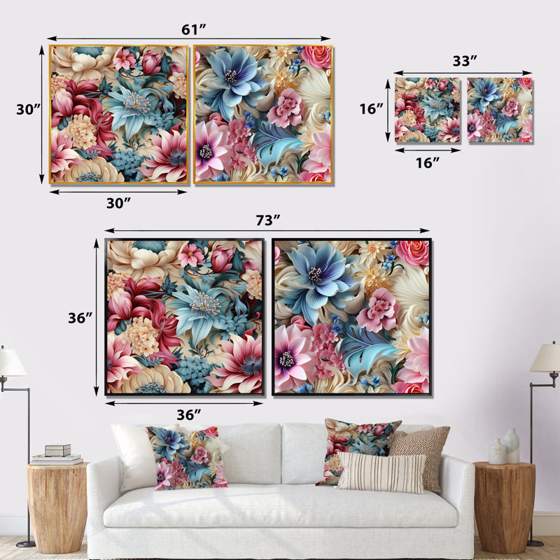 Faustine - Ensemble de salon mural floral 2 pièces, Encadrement brun, H 16 po x l 33 po x P 1 po