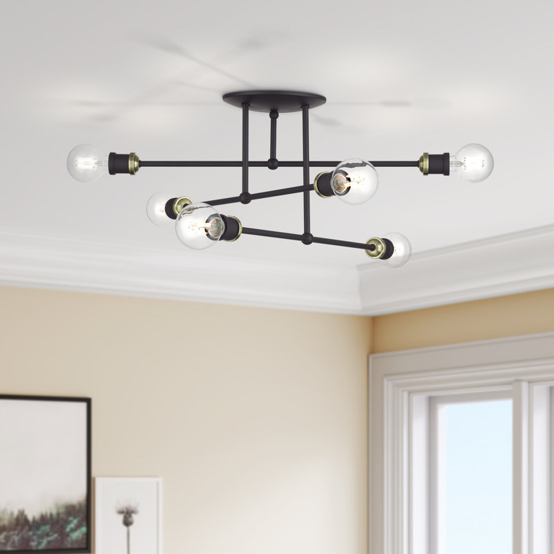 Très grand semi-encastré 6 lumières bronze avec détails en laiton antique