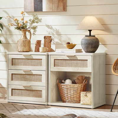 Ensemble de 2 tables de chevet en rotin, tables de chevet en bois Boho, table de chevet 1 tiroir avec station de charge et table de chevet 3 tiroirs