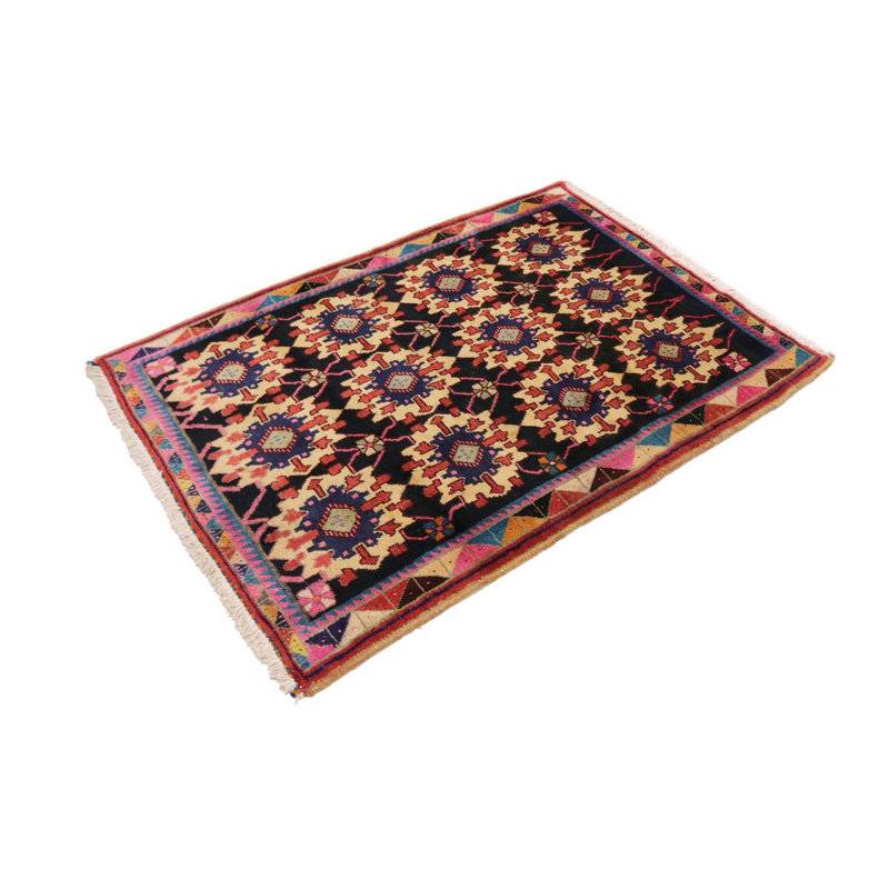 Tapis unique en laine noué à la main beige, rouge et noir des années 1980 de 3 pi 2 po x 4 pi 9 po