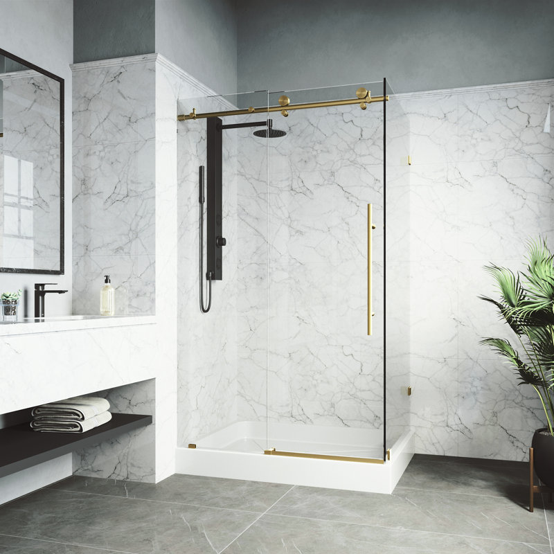 Elan E-class 48" W x 36" D x 82" H Sliding Frameless Shower Enclosure with 3/8" Clear Glass&Base, Left, Matte Brushed Gold