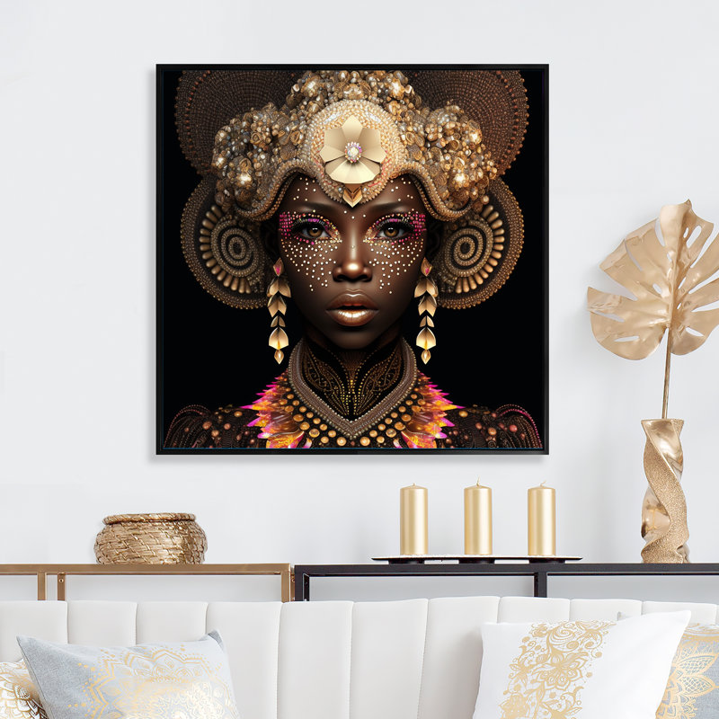 «Exquiste African Woman Design V», reproduction sur toile, H 36 po x l 36 po x P 1,5 po, Cadre flottant noir