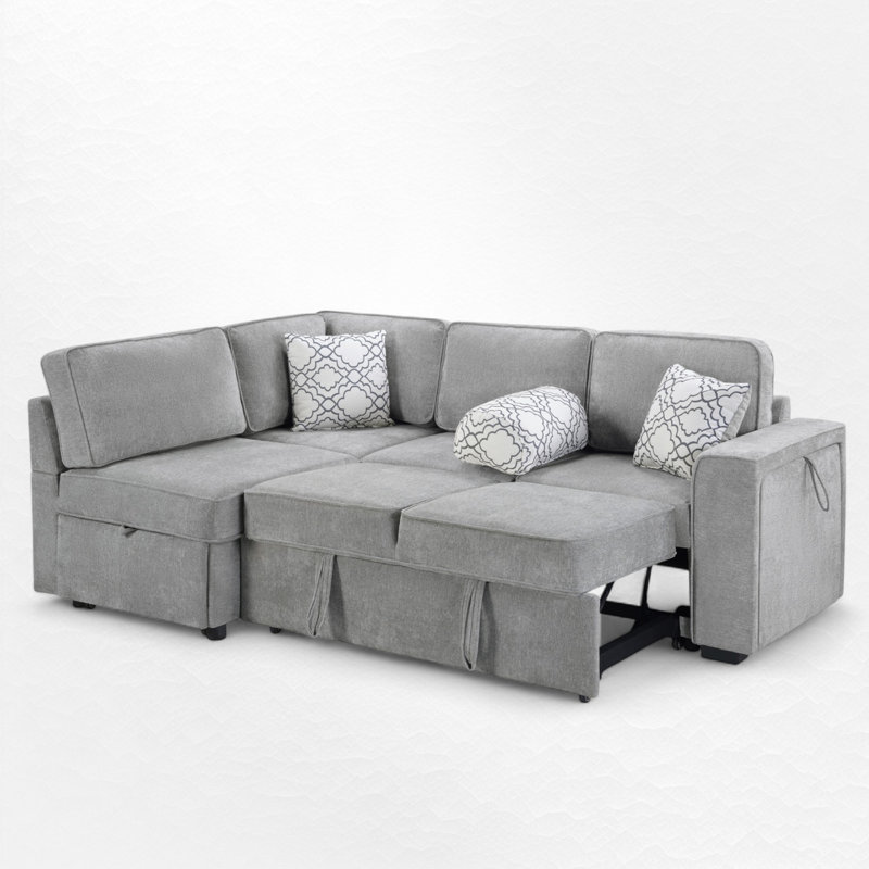 Canapé-lit modulaire en L avec ports USB et rangement, Chenille gris pâle