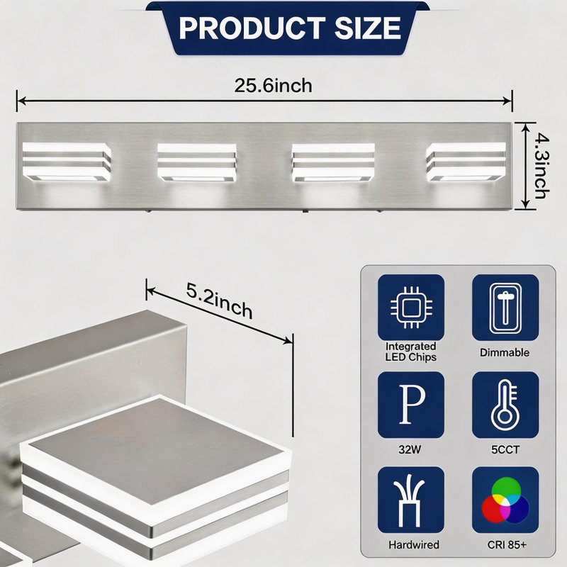 4-Light Brushed Nickel Dimmable LED Vanity Light, 26 in. with 5-Color Temperature Selectable, Rectangular Acrylic Shades, 4
