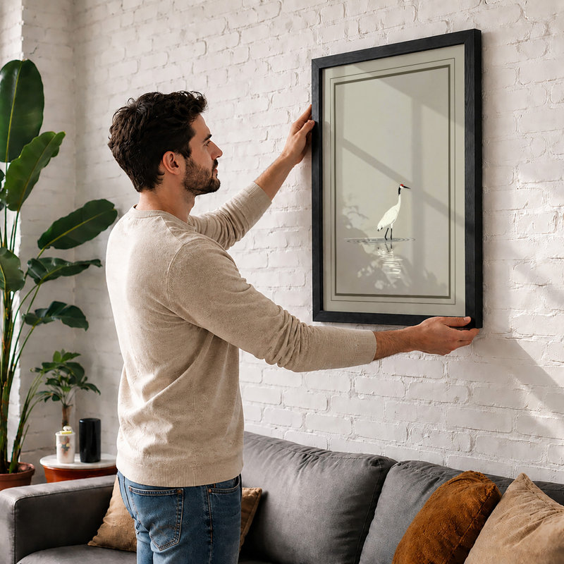 Crane in Stillness Minimalist - Framed Print, Black, A3 - 42.0 x 29.7 cm